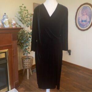 Talbots • Black Stretch Velvet Faux Wrap Midi Dress • Size M